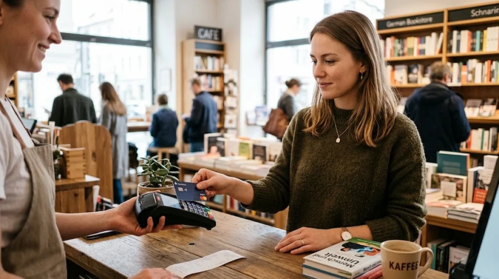 Eine junge Frau mit braunem Haar und einem grünen Strickpullover steht an der Holzkasse einer gemütlichen Buchhandlung und bezahlt kontaktlos mit einer blauen Kreditkarte an einem Kartenlesegerät. Die Buchhändlerin hält das Terminal. Im Hintergrund sind volle Bücherregale und große Fenster zu sehen.