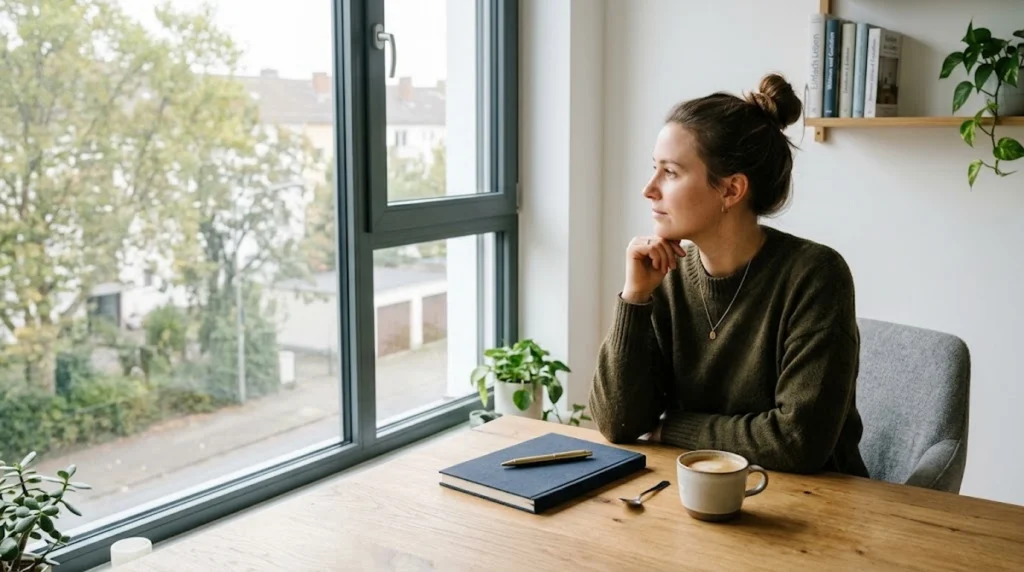Eine Person sitzt nachdenklich an einem aufgeräumten Holztisch neben einem großen Fenster in einem hellen, modernen Raum. Auf dem Tisch liegen ein aufgeschlagenes Notizbuch, ein Stift und eine Kaffeetasse. Die Atmosphäre ist ruhig und aufgeräumt, ohne störende Elemente, Texte oder Grafiken.