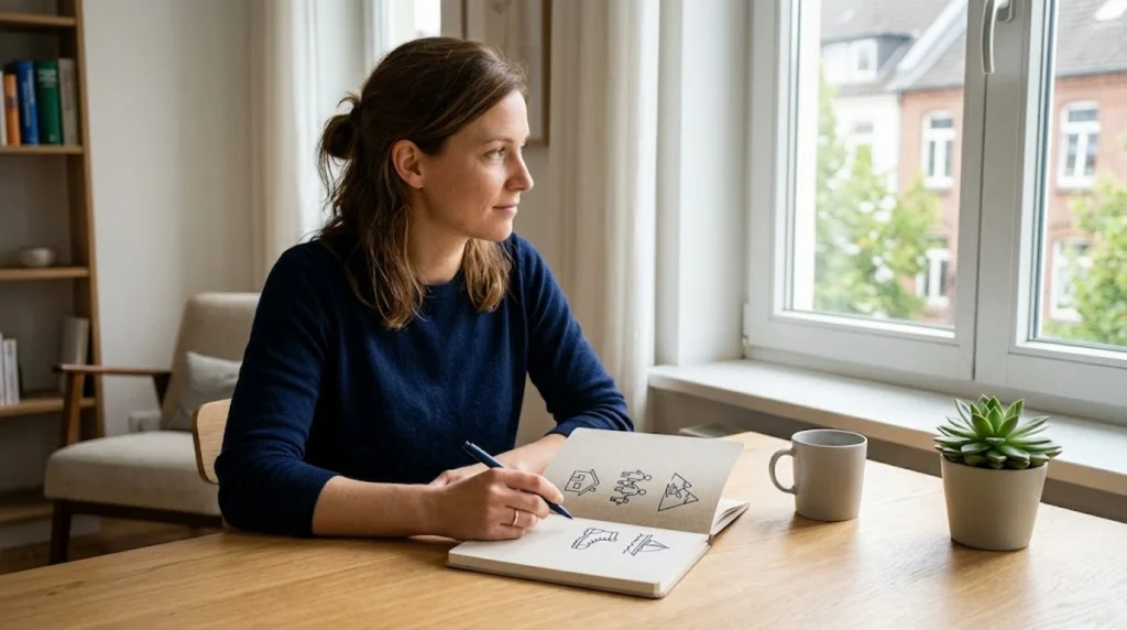 Eine junge Frau sitzt an einem Holztisch in einer hellen Wohnung und blickt nachdenklich aus dem Fenster. Sie hält einen Stift in der Hand und zeichnet in ein offenes Notizbuch. Auf der rechten Seite des Buches sind einfache handgezeichnete Symbole zu erkennen: ein Haus, eine Familie (zwei Erwachsene und zwei Kinder), Berge und ein Segelboot, die persönliche Lebensziele darstellen. Auf dem Tisch stehen zudem eine graue Kaffeetasse und eine Sukkulente im Topf. Im Hintergrund sind ein Bücherregal und ein Sessel zu sehen, durch das Fenster blickt man auf typisch deutsche Wohngebäude und Bäume im Tageslicht.