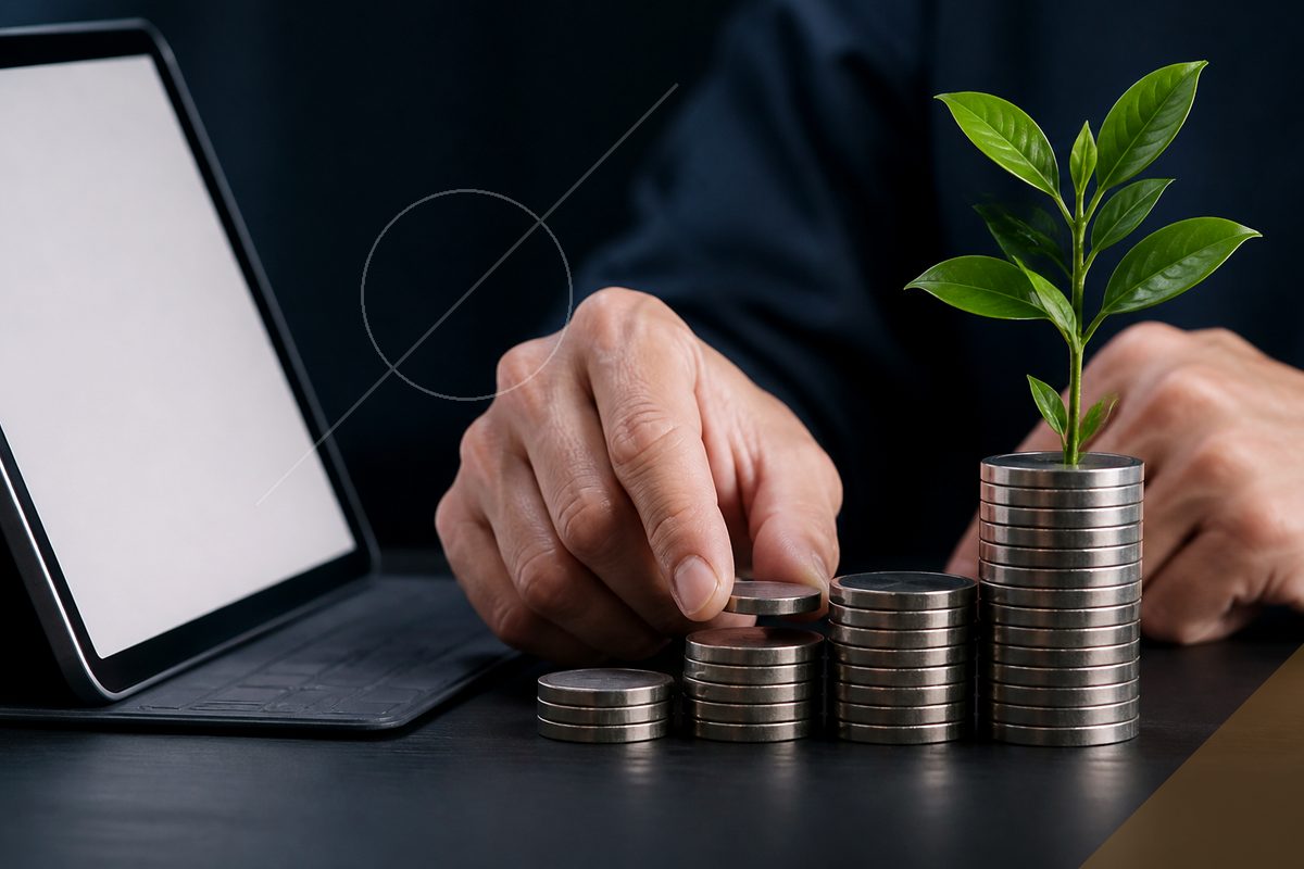 Ein deutscher Investor ordnet Münzen und symbolisiert das Wachstum von Sozialimpact-Fonds im nachhaltigen Investmentmarkt.