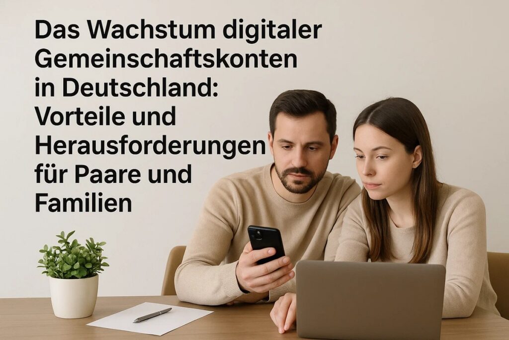 Ein Paar sitzt gemeinsam am Tisch, während der Mann auf sein Smartphone schaut und die Frau am Laptop arbeitet. Neben ihnen liegen ein Blatt Papier, ein Stift und eine kleine Zimmerpflanze. Links oben steht der Titel über das Wachstum digitaler Gemeinschaftskonten in Deutschland. Die Szene vermittelt den Eindruck gemeinsamer Planung, digitaler Zusammenarbeit und der Organisation gemeinsamer finanzen für Paare und Familien.