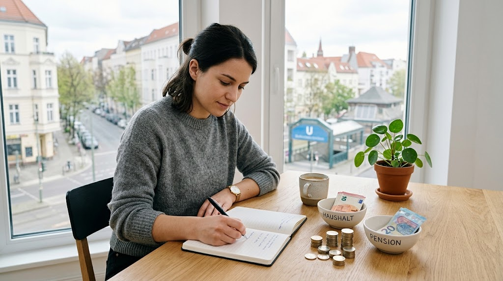 Ein minimalistisches, realistisches Foto zeigt eine junge Frau, die an einem hellen Holztisch an einem großen Fenster sitzt. Sie trägt einen grauen Pullover und schreibt konzentriert mit einem Kugelschreiber in ein offenes Notizbuch. Auf dem Tisch sind verschiedene Gegenstände ordentlich arrangiert: zwei kleine, graue Keramikschalen, eine mit der Aufschrift „HAUSHALT“ (gefüllt mit 10-Euro-Banknoten) und eine mit der Aufschrift „PENSION“ (gefüllt mit 20-Euro-Banknoten). Mehrere Münzstapel liegen ebenfalls auf dem Tisch. Im Hintergrund, durch das Fenster, ist eine typisch deutsche Stadtstraße in Berlin zu sehen, mit Gebäuden und einem blauen U-Bahn-Schild. Das Bild ist von natürlichem Tageslicht durchflutet.