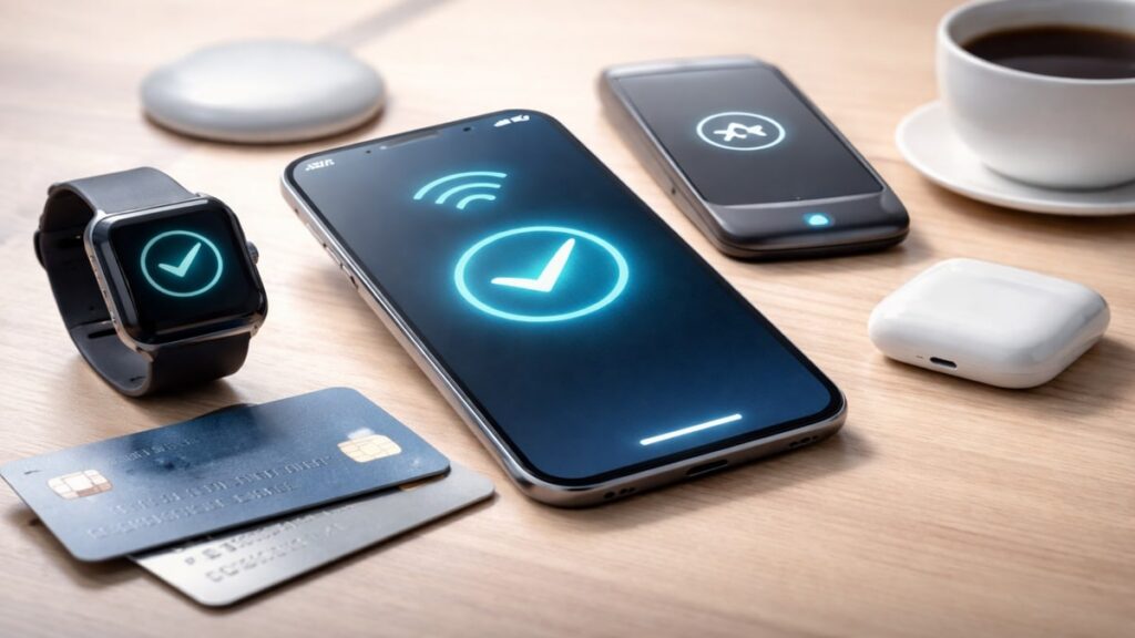 Das Bild zeigt eine minimalistische und realistische Darstellung moderner digitaler Zahlungsmittel, darunter ein Smartphone mit kontaktloser Bezahlfunktion, eine Smartwatch, ein Zahlungsterminal und kreditkarte