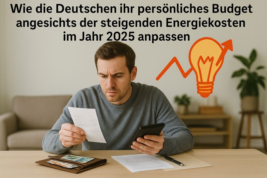 „Titelbild zum Thema steigende Energiekosten in Deutschland 2025. Oben steht der Text: ‚Wie die Deutschen ihr persönliches Budget angesichts der steigenden Energiekosten im Jahr 2025 anpassen‘. Im Vordergrund sitzt ein Mann an einem Tisch in einem Wohnzimmer und schaut konzentriert auf eine Rechnung in seiner linken Hand, während er in der rechten Hand ein Smartphone hält, als würde er Ausgaben vergleichen oder berechnen. Auf dem Tisch liegen ein Portemonnaie mit Bankkarten, ein Geldschein sowie weitere Dokumente und ein Stift. Rechts im Bild ist eine orangefarbene Glühbirne mit einem nach oben zeigenden Pfeil und Zickzacklinie dargestellt, die steigende Strom- bzw. Energiekosten symbolisiert. Der Hintergrund zeigt ein schlichtes Wohnzimmer mit Sofa, Pflanzen und warmen, neutralen Farben.“