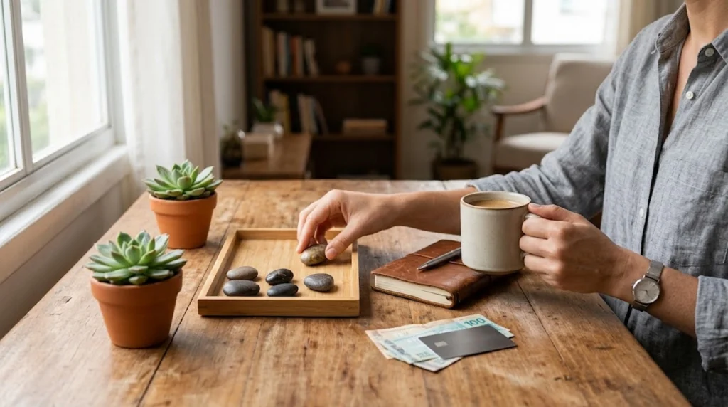 Hand holding a coffee mug while arranging stones on a tray with cash and a card nearby.