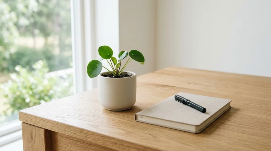 Ein realistisches und minimalistisches Bild eines aufgeräumten Holzschreibtisches mit einem geschlossenen Notizbuch, einem eleganten Stift und einer kleinen grünen Topfpflanze. Sanftes, natürliches Licht strömt von der Seite ein und erzeugt eine ruhige, geordnete Atmosphäre.