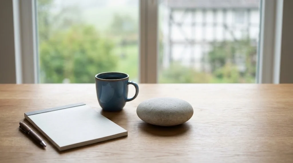 Eine minimalistische Aufnahme auf einem Holzschreibtisch zeigt einen aufgeschlagenen Notizblock mit einem Stift daneben, eine blaue Kaffeetasse und einen runden, glatten grauen Stein. Durch ein Fenster im Hintergrund sieht man verschwommen grüne Bäume und ein typisch deutsches Fachwerkhaus. Die Szene ist ruhig und fokussiert, ohne Text oder Diagramme.