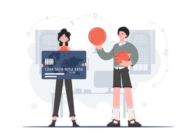 Ilustração de duas pessoas, uma segurando um cartão de crédito grande e outra com um cofrinho e uma moeda, representando escolhas entre economia e uso de crédito.