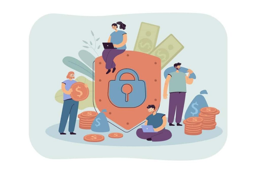 Ilustración de personas protegiendo su dinero frente a un gran escudo con un candado azul; hay monedas, billetes y bolsas de dinero alrededor, representando la seguridad financiera, el ahorro y la estabilidad económica a través de la colaboración.