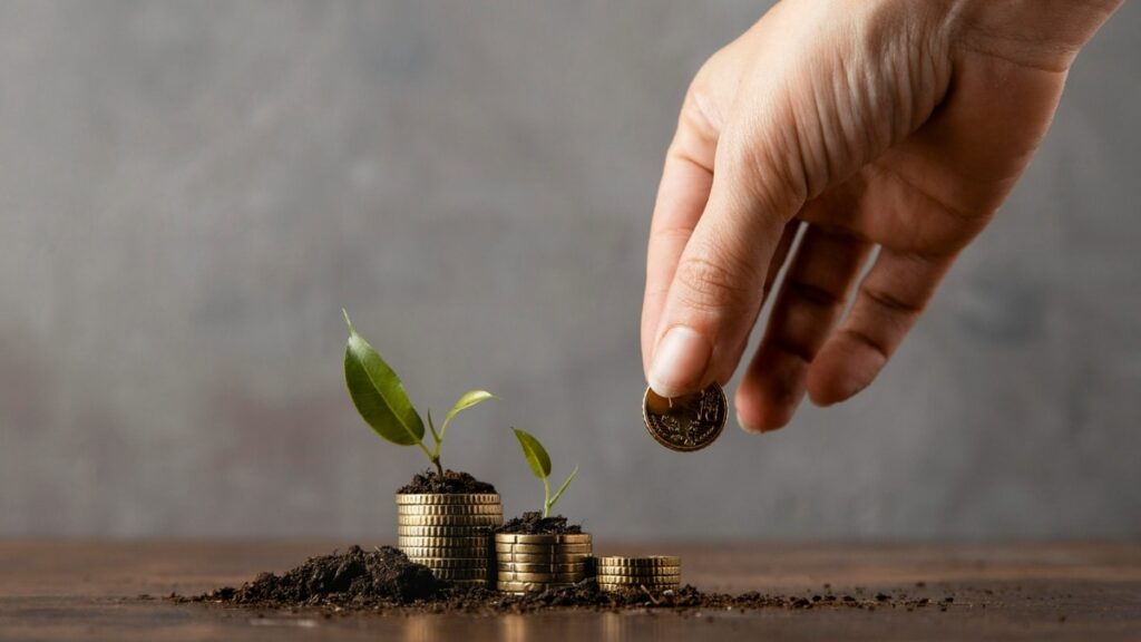 Una mano humana coloca una moneda dorada sobre una pila de monedas cubiertas de tierra, de las cuales brotan pequeñas plantas verdes, simbolizando el crecimiento financiero y la inversión sostenible.