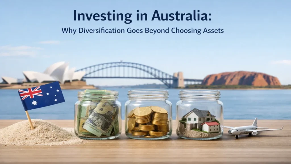 Three glass jars representing different types of investments, filled with cash, gold coins, and a miniature house, placed on a wooden surface with an Australian flag on sand, a toy airplane, and iconic Australian landmarks like the Sydney Opera House and Harbour Bridge in the background, symbolising diversified investments in Australia.