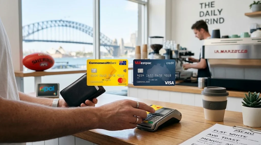 A person makes a card payment at a Sydney cafe counter with the Harbour Bridge visible through the window. Two Australian credit cards float above the payment terminal, illustrating everyday financial choices in Australia.