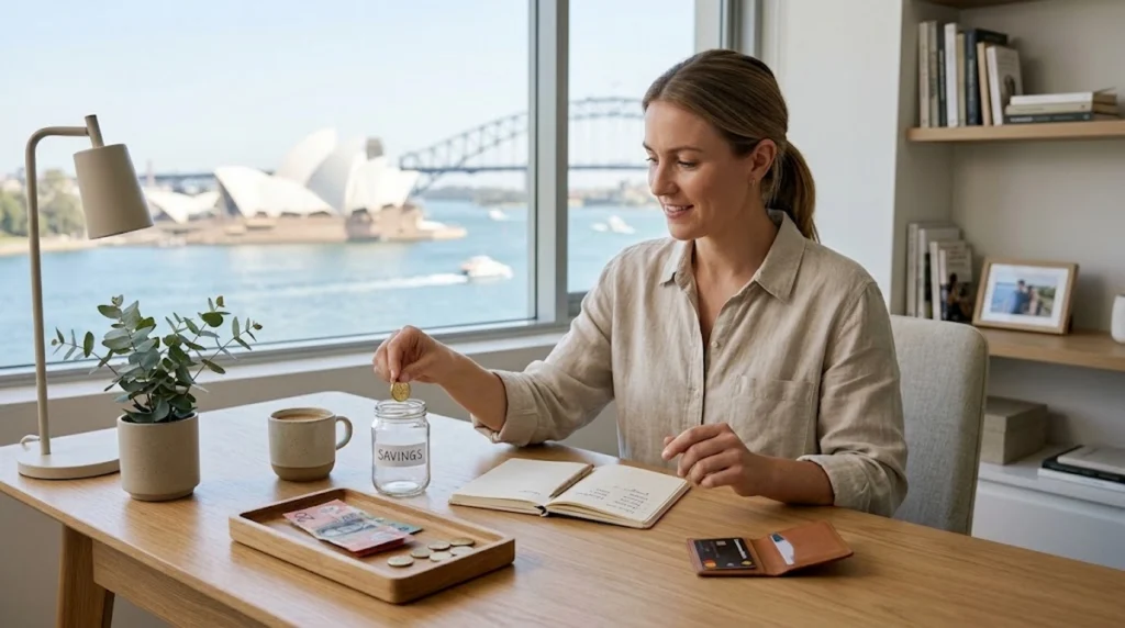 A smiling woman in a home office in Sydney drops a coin into a jar labeled 'SAVINGS' as she reviews notes and banknotes on her desk. Through the window, the Sydney Opera House and Harbour Bridge are clearly visible.