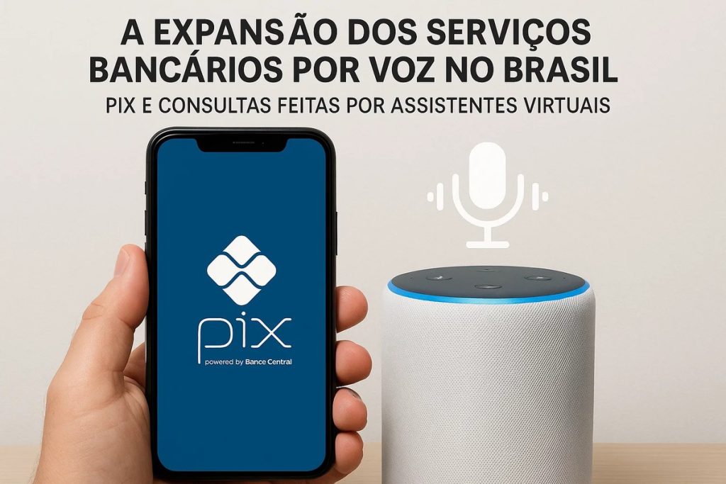 Imagem mostrando um smartphone exibindo a tela inicial do Pix, o sistema de pagamentos instantâneos do Banco Central do Brasil, sendo segurado por uma mão humana. Ao lado, há um assistente virtual estilo smart speaker com um ícone de microfone acima dele, simbolizando comandos de voz. No topo, o texto 'A expansão dos serviços bancários por voz no Brasil — Pix e consultas feitas por assistentes virtuais' destaca a modernização do setor de banco por meio de tecnologia e interação por voz.