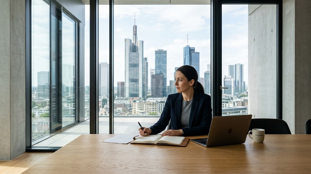 Eine Person in eleganter Geschäftskleidung sitzt an einem minimalistischen Holztisch in einem modernen Büro und blickt nachdenklich aus dem Fenster. Auf dem Tisch befinden sich ein geschlossener Laptop, ein Notizbuch und ein Stift. Im Hintergrund ist durch die große Glasfront die Skyline einer deutschen Finanzmetropole bei Tageslicht zu sehen. Die Szene vermittelt Reflexion, strategische Entscheidungsfindung und eine ruhige, professionelle Atmosphäre.